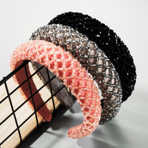 Womens Crystal Glass Beads Sponge Headband Black Pink Gray