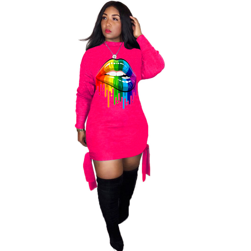 Lady Fashion Lips Printing Strappy Long Sleeve Mini Dress White Orange Black Rose Red Blue S-3XL