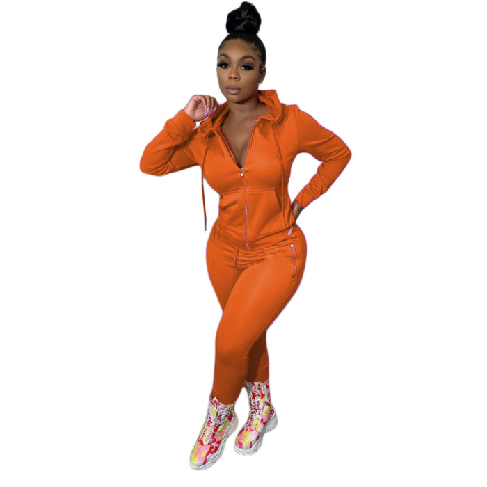 Women Fashion Solid Color Zipper Long Sleeve Hoodies Plus Size Two-piece Set Pink Orange Rose Red L-4XL