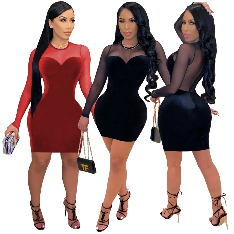 Mesh See Through Velet Dress Black Red S-XXL