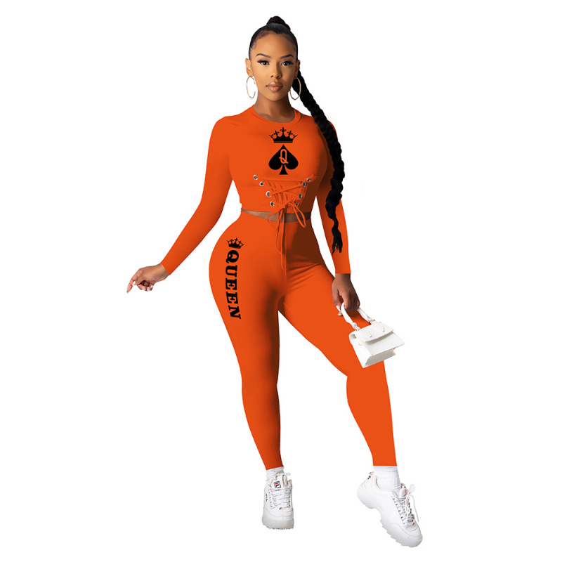 Women Playing Card Print Strappy Crop Top Two Piece Set White Orange Red Black Blue S-4XL