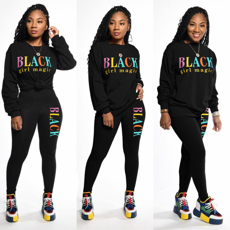 Women Casual Print Street Style Sporty Two Piece Set Black Blue Red Khaki S-2XL