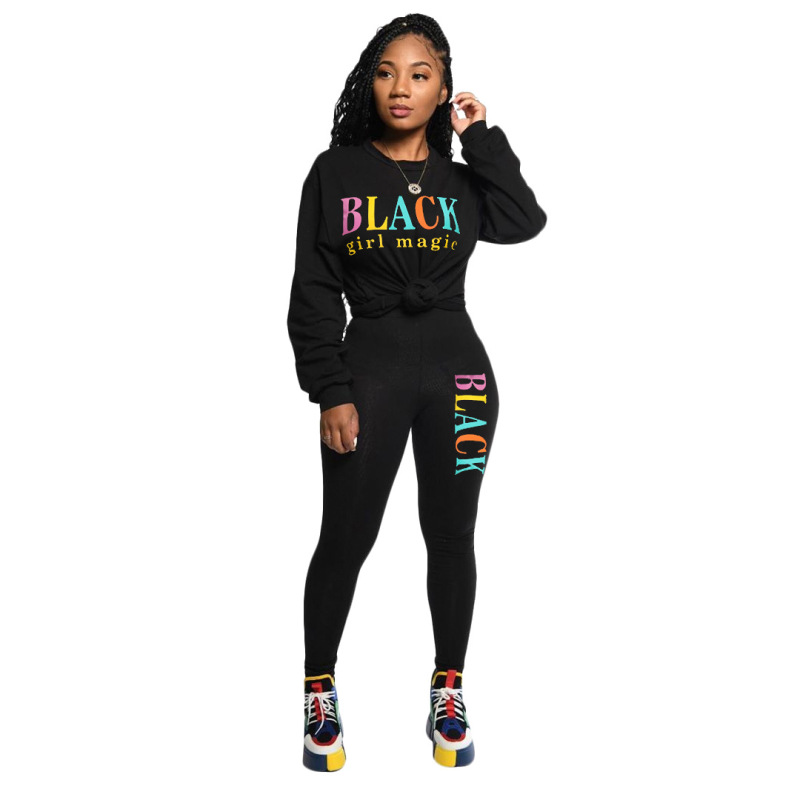 Women Casual Print Street Style Sporty Two Piece Set Black Blue Red Khaki S-2XL