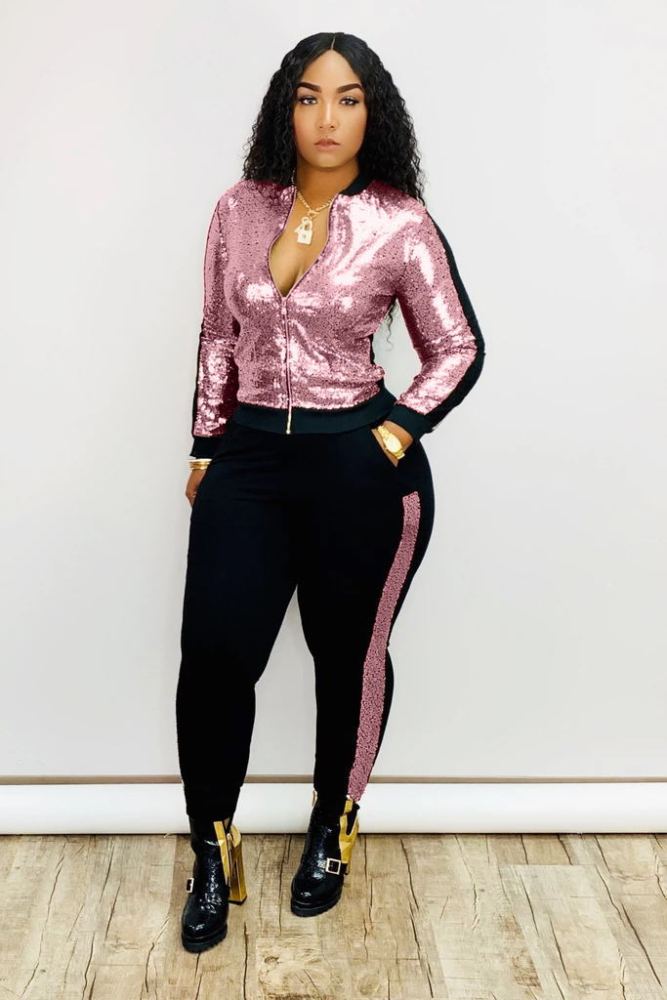 Women Hot Sale Shining Sequin Long Sleeve Zipper Tops Slim Casual Pants Two Pieces Outfit Pink Red Purple Silver Gold Blue Green S-3XL