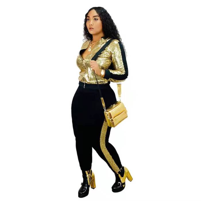 Women Hot Sale Shining Sequin Long Sleeve Zipper Tops Slim Casual Pants Two Pieces Outfit Pink Red Purple Silver Gold Blue Green S-3XL