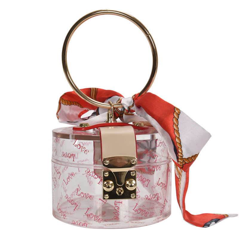 Women Small Cute Circle Transparent Bucket Shoulder Bag Bear Print Letter Party Handbag