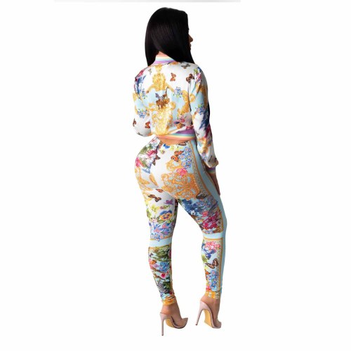 Women Stylish Printing Long Sleeve Casual Two pieces Outfit S-2XL