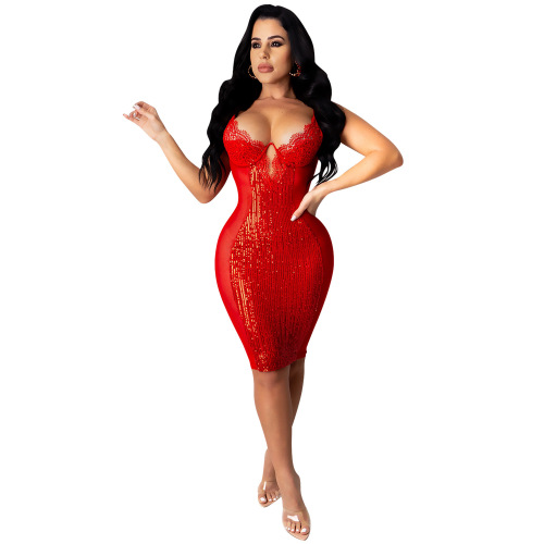 Lady Sexy Hammock Sequins One Piece Dress Red Black S-2XL 