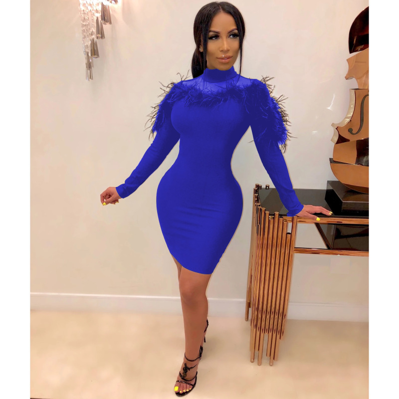 Women Fur Mesh Mock Neck Long Sleeve Sexy Mini Bodycon Dress Blue Black S-XL