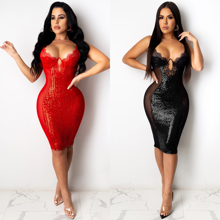Lady Sexy Hammock Sequins One Piece Dress Red Black S-2XL 