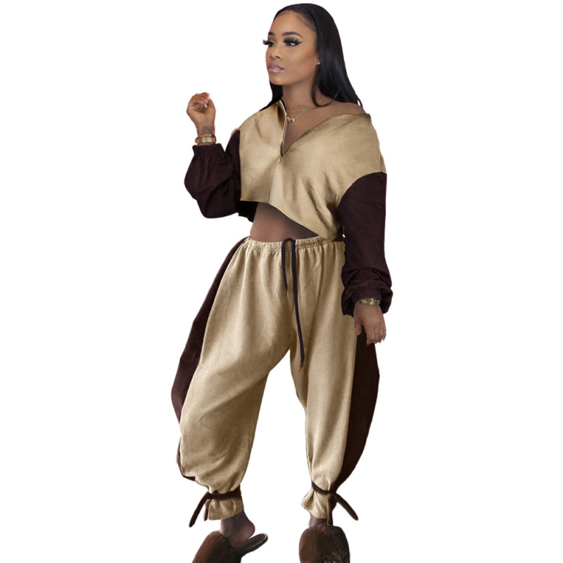 Women Fashion Colorblock Zipper Neck Long Sleeve Tops Drawstring Wide Leg Pants Blue Khaki S-XL