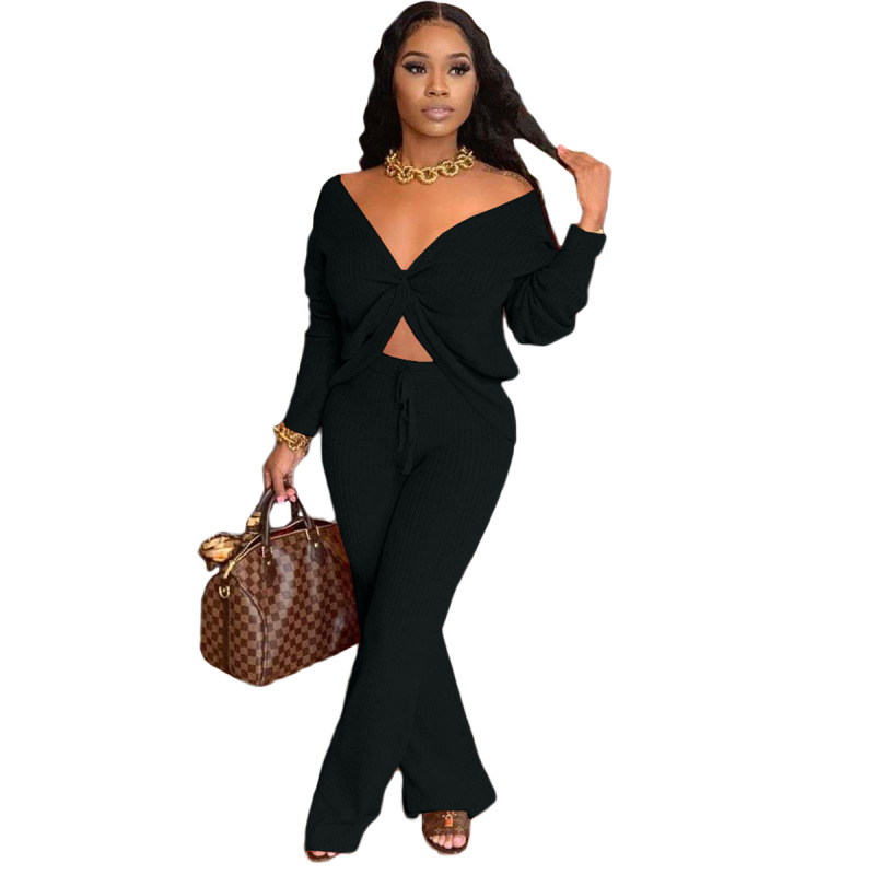 Women Solid Color Thicken V-neck Two Piece Set Pink Orange Gray Black Khaki S-2XL