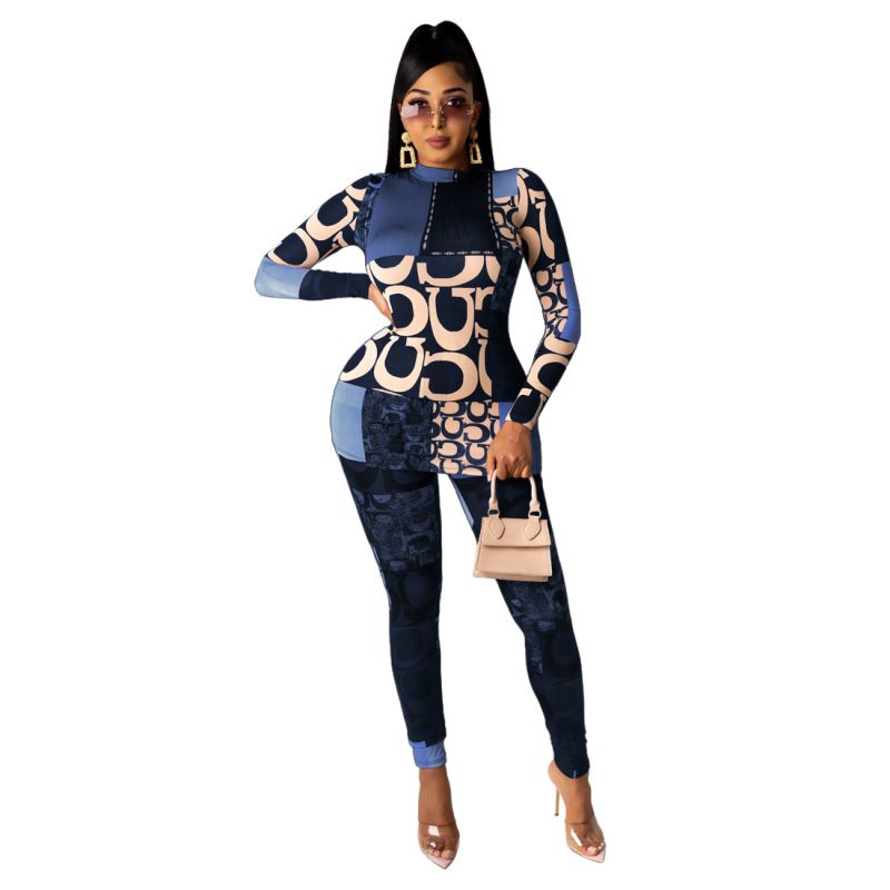 Women Mock Neck Long Sleeve Fashion Print Slim Pants Two Pieces Outfit Coffee Wine Red Blue S-XL
