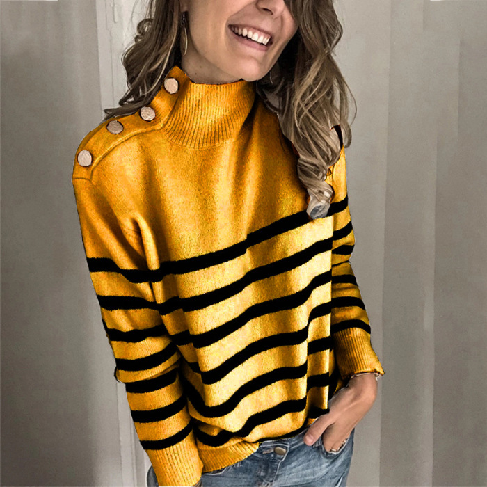 2021 Slim Fit Top Autumn Dress Long Sleeve High Neck Stripe Women Fashion Button Sweater