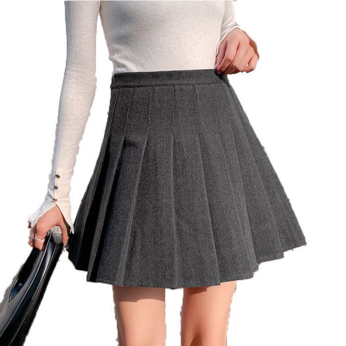 Woolen Short Skirt Pleated Skirt Female Autumn and Winter New Style Plaid Black High Waist A-line Skirt Was Thin Plus Size Skirt