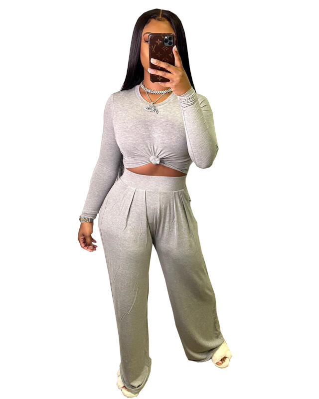 Women Solid Color Causal Two Piece Set Gray Black Wine Red Blue S-2XL
