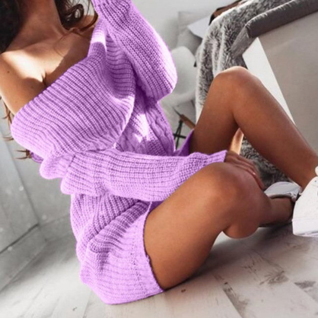 New Sweater Autumn Winter Women's Dress Long Sleeve Solid Color Sexy Collar Neck strapless Sexy Hip Dress Sweater