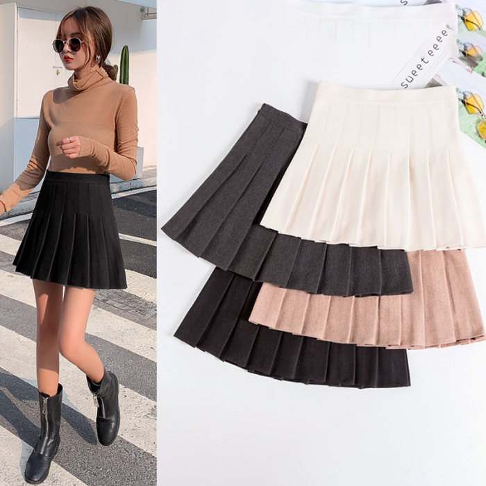 Woolen Short Skirt Pleated Skirt Female Autumn and Winter New Style Plaid Black High Waist A-line Skirt Was Thin Plus Size Skirt