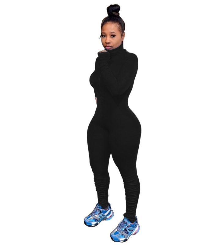 Women Solid Color Zipper Pleated Jumpsuit Black Blue Red Orange S-XL