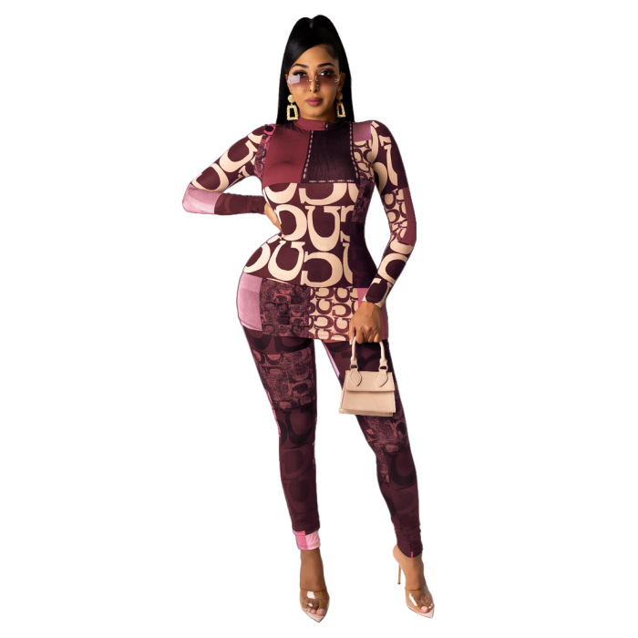 Women Mock Neck Long Sleeve Fashion Print Slim Pants Two Pieces Outfit Coffee Wine Red Blue S-XL