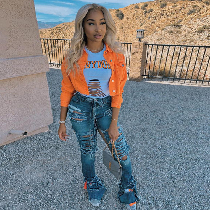 Women Solid Color  Turn-down Collar Jeans Jacket Tops Orange Yellow Black Green S-2XL