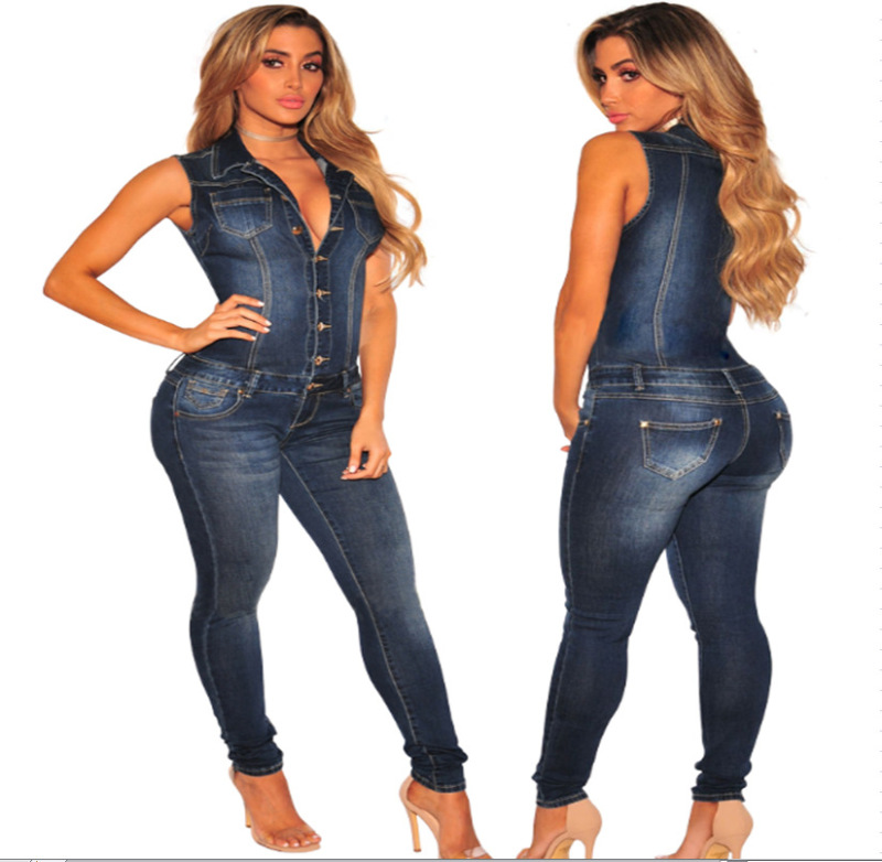 Women Slim  Sleeveless Jeans Jumpsuit Blue S-XL