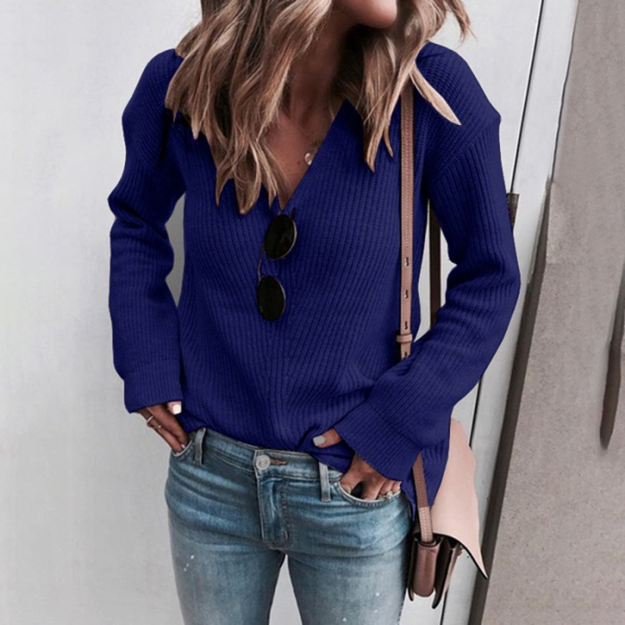 2021 Warm Fashion Winter/Autumn Dress Deep V-neck Long Sleeve Solid Color Women Knitted Top Sweater