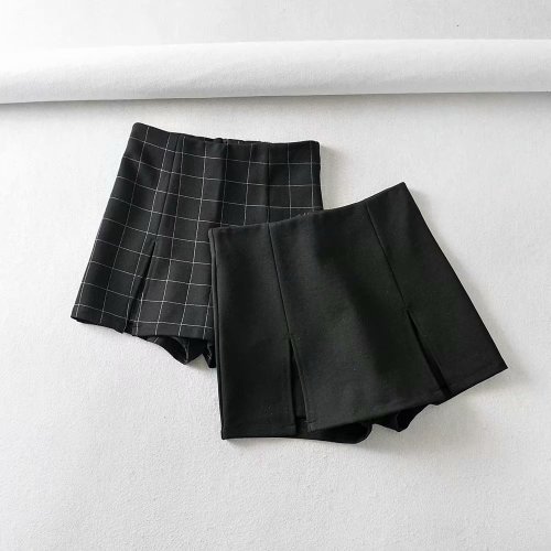 2021 Summer New Style BM Wind Retro High Waist Casual Split Skirt Pants Plaid Wide Leg Shorts