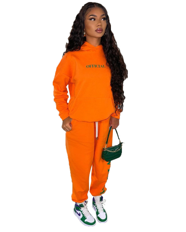 Lady Print Street Style Sporty Hoodies Two Piece Set Orange Black Blue S-XL