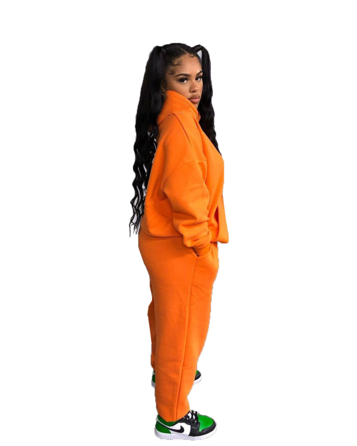 Lady Print Street Style Sporty Hoodies Two Piece Set Orange Black Blue S-XL