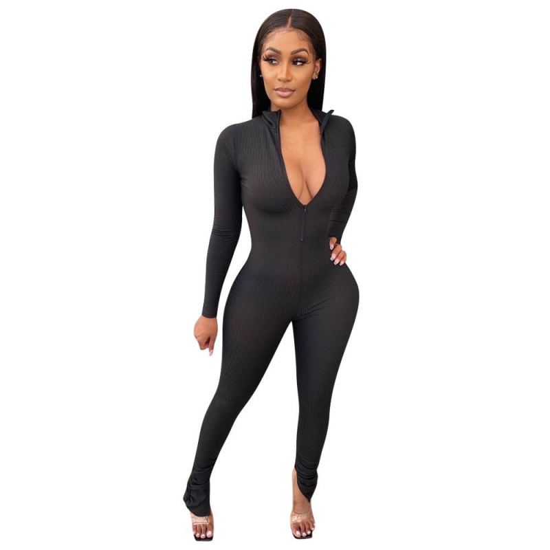 Women Slim Slit Zipper V-Neck Jumpsuit Black Wine Red Green S-2XL