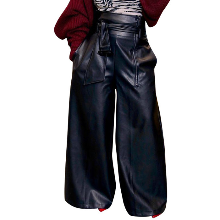 Women Hot Sale PU Wide Leg Pants Brown Black S-3XL