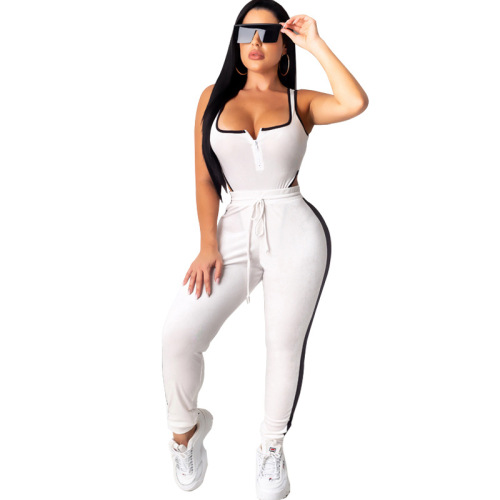 Women Sexy Square Collar Bodysuit Slim Pants Two Pieces Outfit White Yellow Red Black Blue Green S-3XL