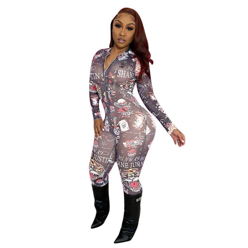 Women Print Slim Street Style Sporty Jumpsuit Khaki Black S-2XL