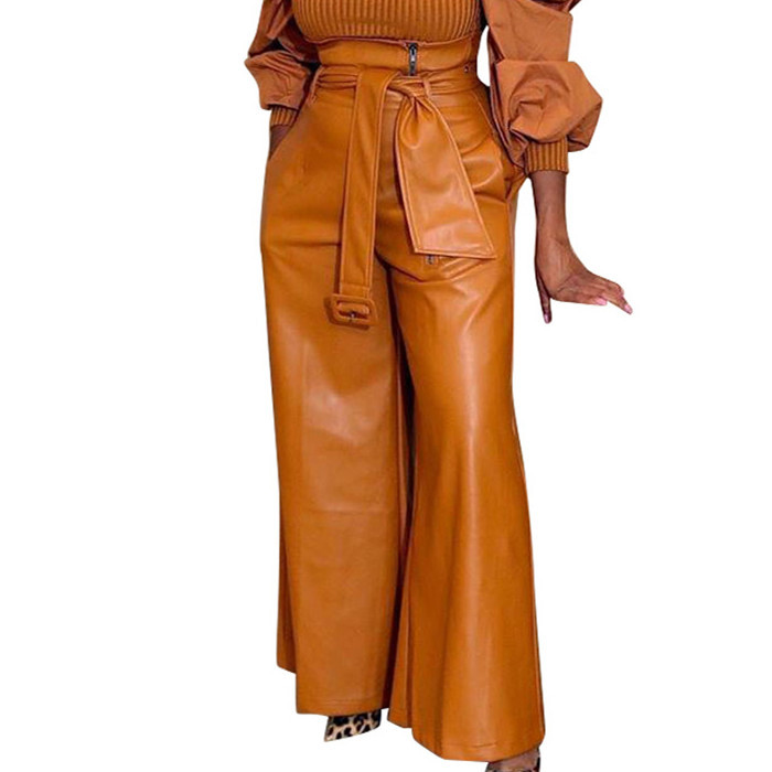 Women Hot Sale PU Wide Leg Pants Brown Black S-3XL