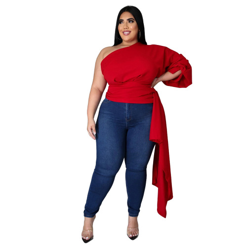 Women One Sleeve Solid Color Asymmetric Plus Size Top Black Blue Red XL-5XL