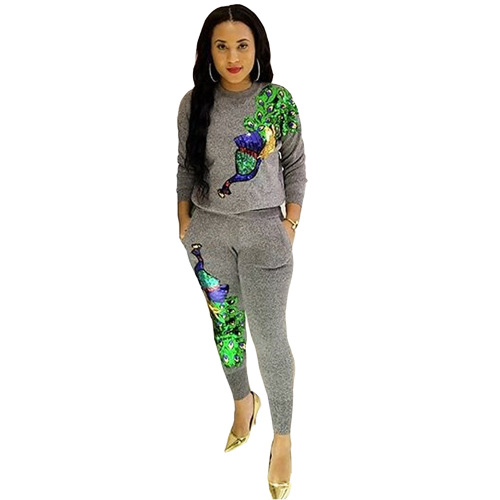 Hot Sale Women Peacock Sequins Long Sleeve Pullover Tops Casual Pants Two pieces Outfit Gray S-XL