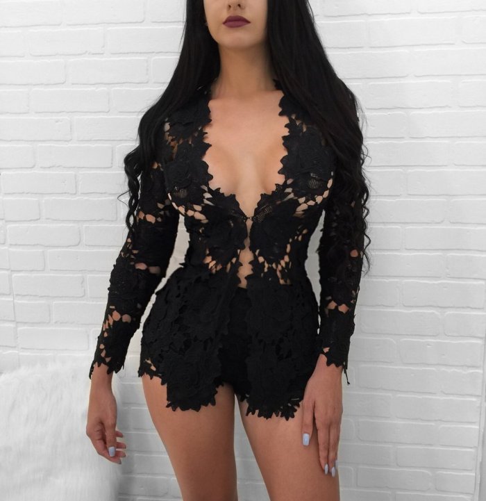 Women Lace V-Neck Long Sleeve Women Club Wear Sexy Shorts Two Pieces Outfit Red Pink White Black S-XXL