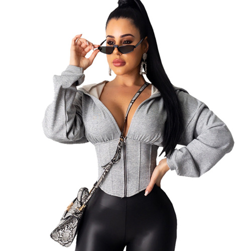 Women Casual Solid Color Long Sleeve V-Neck Zipper Coat Gray Black S-XL