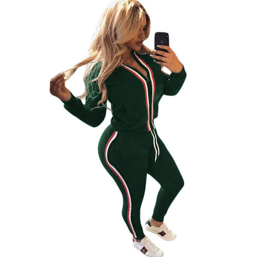 Women Fashion Long Sleeve Colorblock Sports Suit Two Piecss Green S-XL