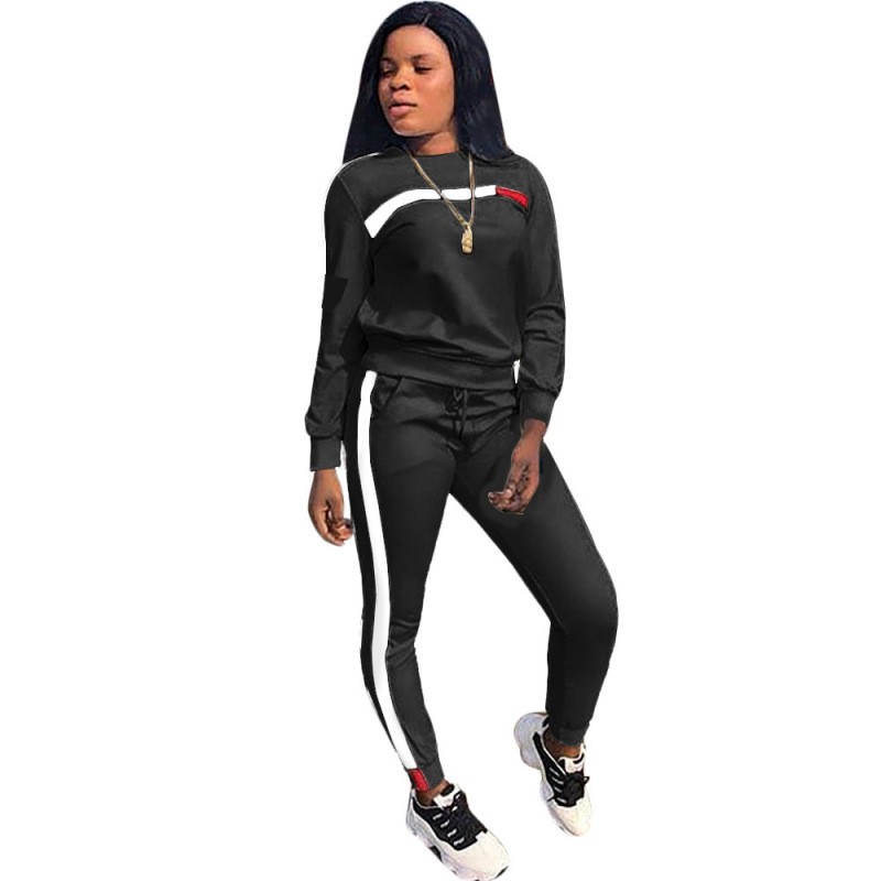 Women Stylish Active Suit O-Neck Long Sleeve Side Striped Two Pieces Outfit White Black Blue Wine Red Army Green S-3XL