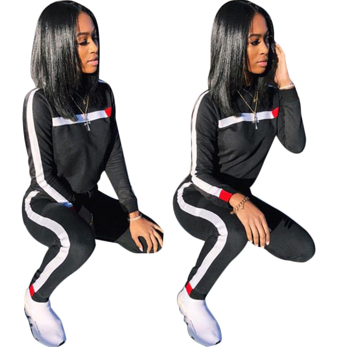 Women Stylish Active Suit O-Neck Long Sleeve Side Striped Two Pieces Outfit White Black Blue Wine Red Army Green S-3XL
