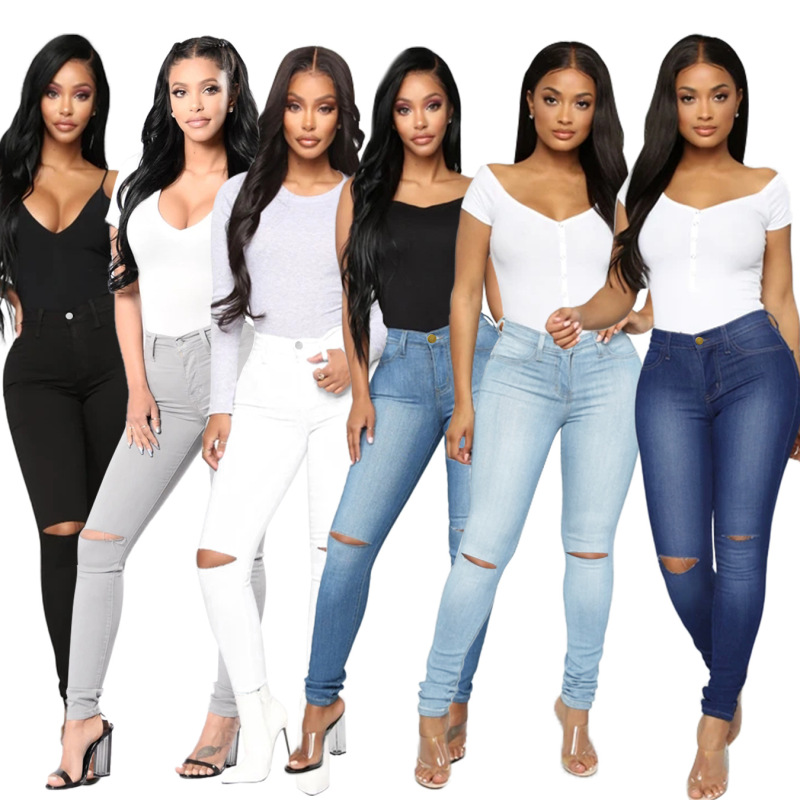 Women's Fashion High Waist Slim Ripped Denim Pants Multi-Color Slim Jean Leggings S-3XL