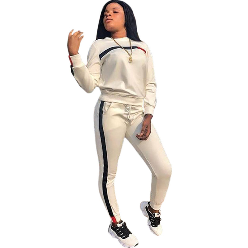 Women Stylish Active Suit O-Neck Long Sleeve Side Striped Two Pieces Outfit White Black Blue Wine Red Army Green S-3XL