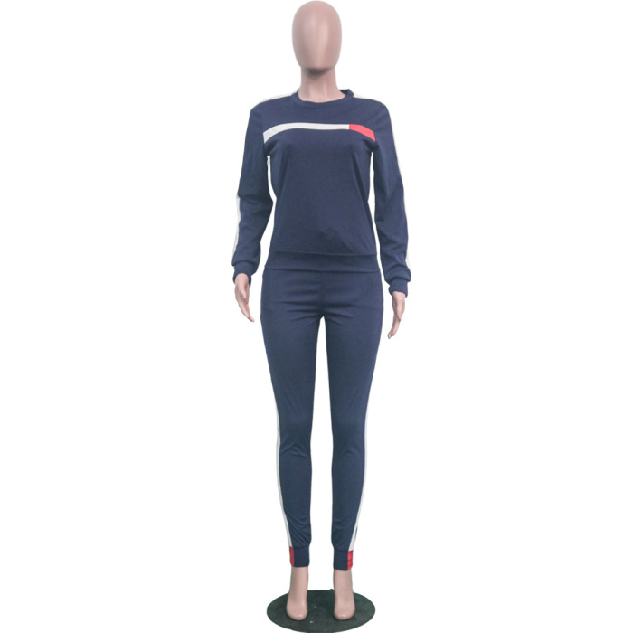 Women Stylish Active Suit O-Neck Long Sleeve Side Striped Two Pieces Outfit White Black Blue Wine Red Army Green S-3XL