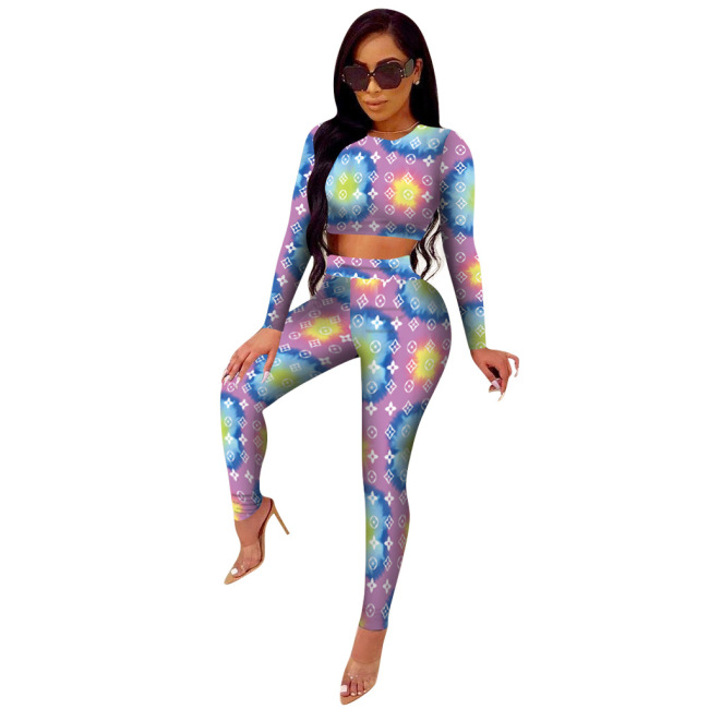 Women Long Sleeve Printing Slim Club Wear Two Pieces Outfit Colorful S-2XL
