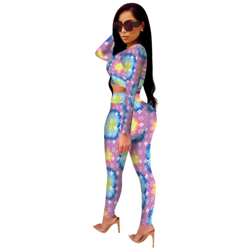 Women Long Sleeve Printing Slim Club Wear Two Pieces Outfit Colorful S-2XL