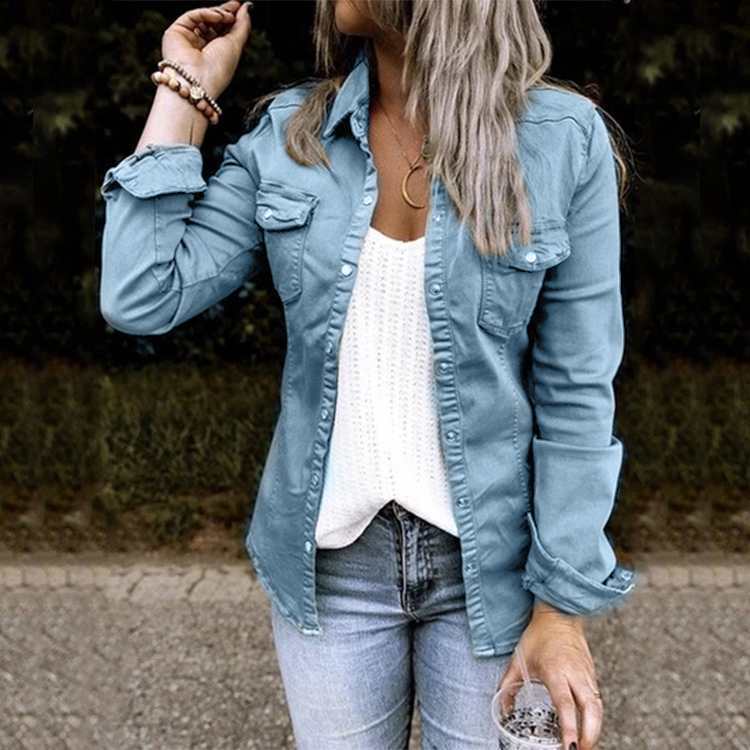 Women T-Shirt Fashion Dress Multi Color Jean Jacket Long Sleeve Ladies Top Coat S-2XL