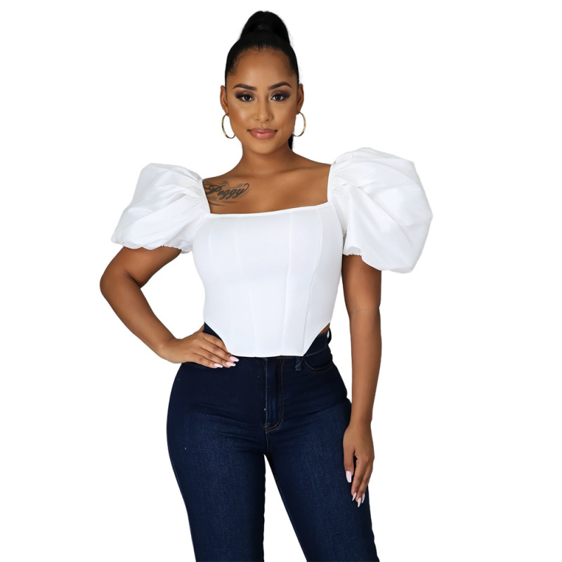 Women Solid Color Square Collar Puff Sleeve Tops Red White S-XL