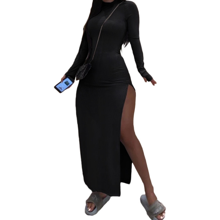 Women Slit Solid Color Long Sleeve One Piece Dress Khaki Gray Black S-XL
